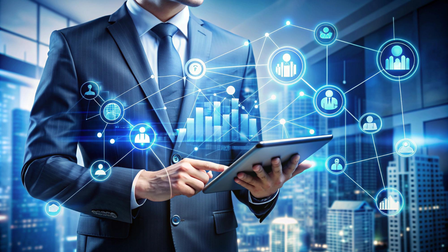 Un professionnel en costume utilise une tablette numérique