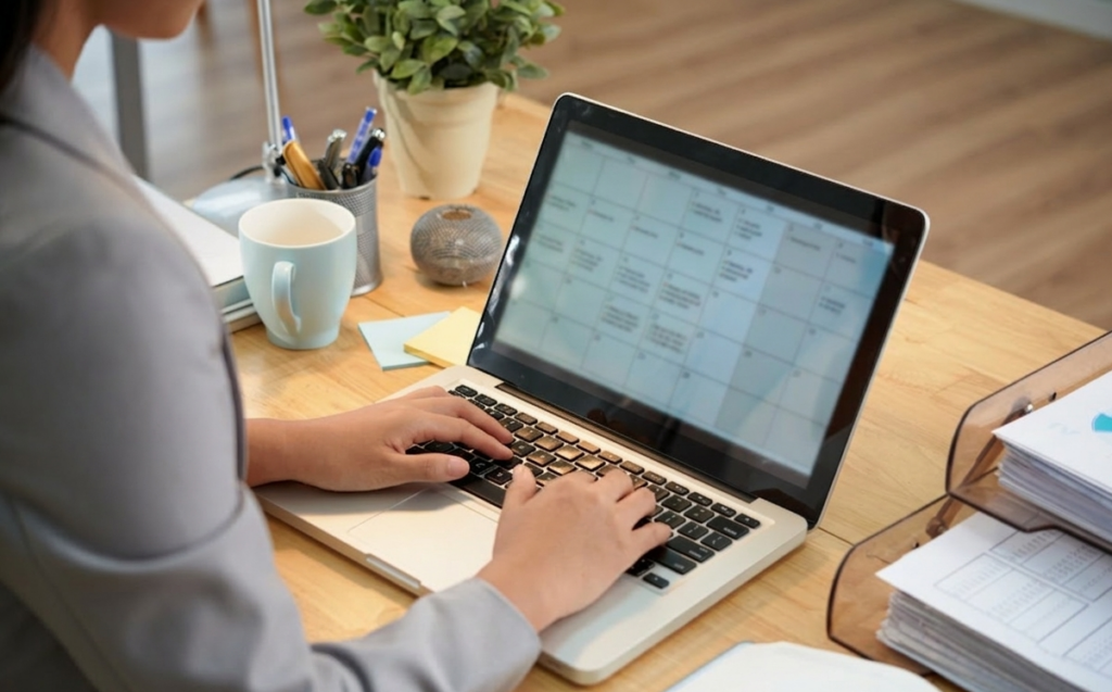 Thérapeute gérant son calendrier numérique sur ordinateur